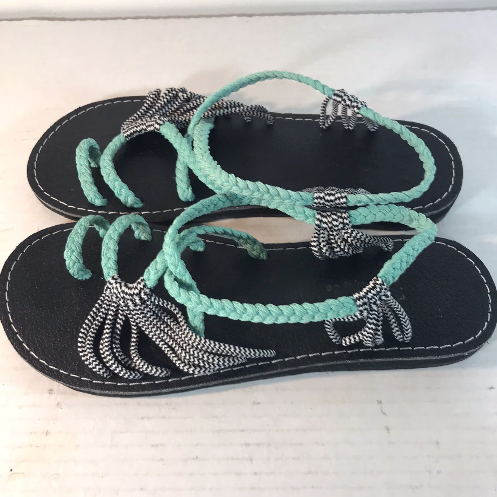 Vintage Plaka Strappy Sandals Womens Size 8 Green Black & White Striped Casual Travel Size US 8 / IT 38 - 2 Thumbnail