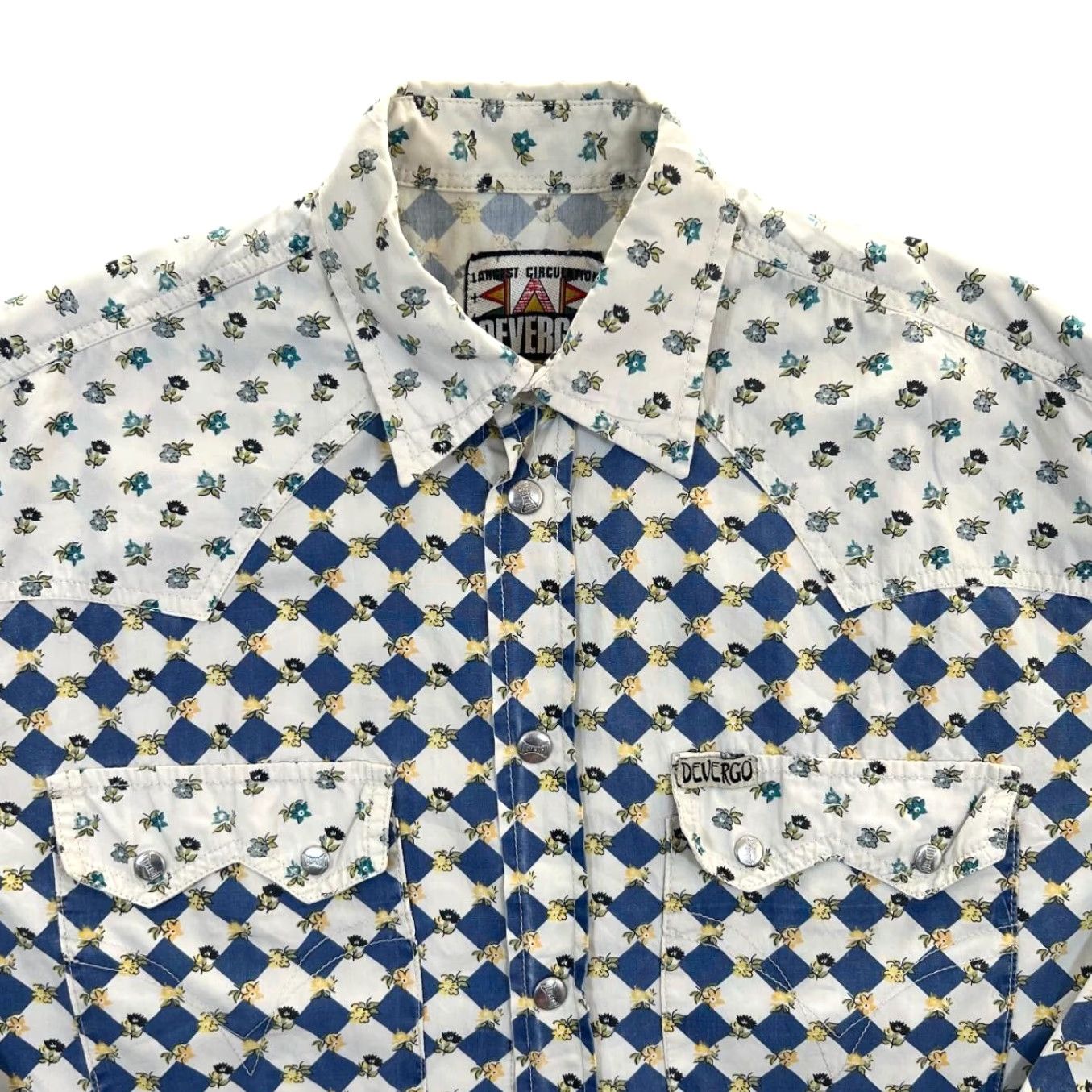 Vintage Vintage Devergo Floral Checkerboard Patterned Cowboy Western Shirt S M L Men Button-Up Collared Blue Floral Western, 90s, Vintage Mens Shirt Size US S / EU 44-46 / 1 - 2 Thumbnail