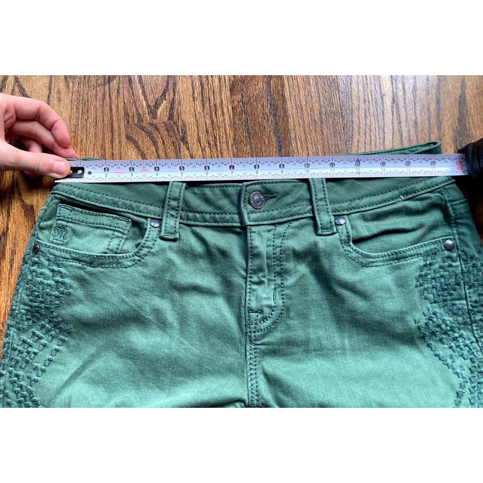 Miss Me Miss Me Jeans Womens Size 29 Hunter Green Skinny Embroidered Stretch Mid Rise Jeans Size 29" - 6 Thumbnail