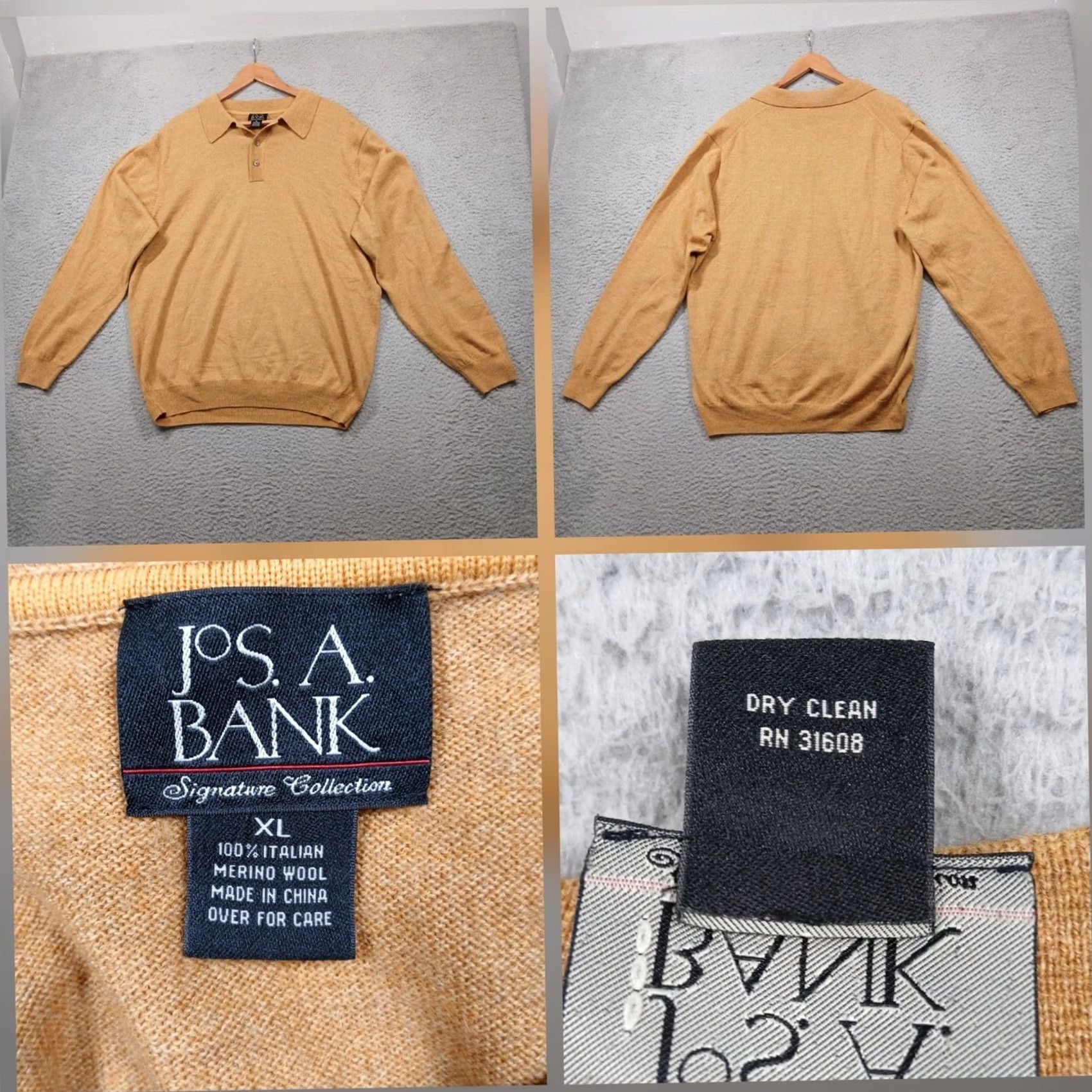 Vintage Jos A Bank Merino Wool Polo Sweater Men's XL Tan Brown Long Sleeve Size US XL / EU 56 / 4 - 2 Thumbnail
