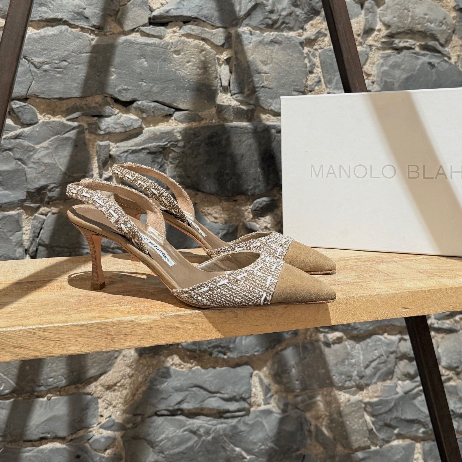 Manolo Blahnik Beige Suede Tweed Carolyne Slingback Pumps