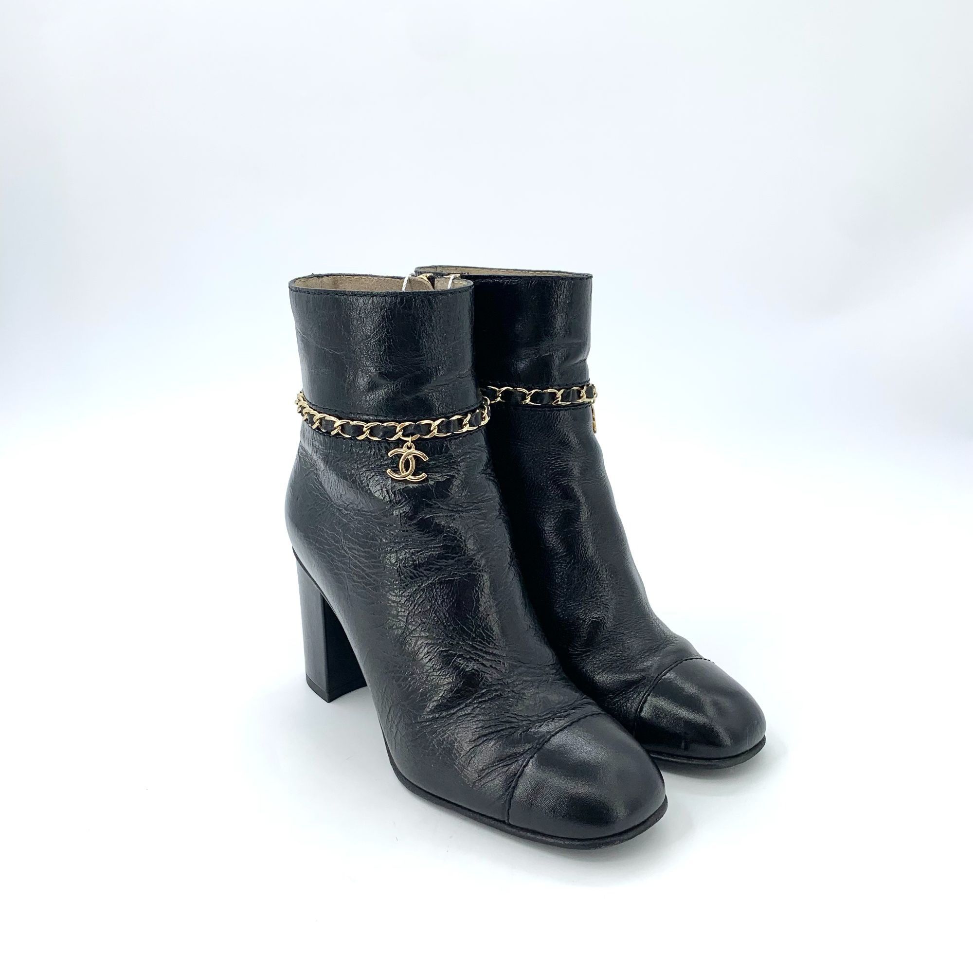 Chanel Chanel Womens Black Leather Ankle Boots With Gold Chain Acce Size US 5 / IT 35 - 2 Thumbnail