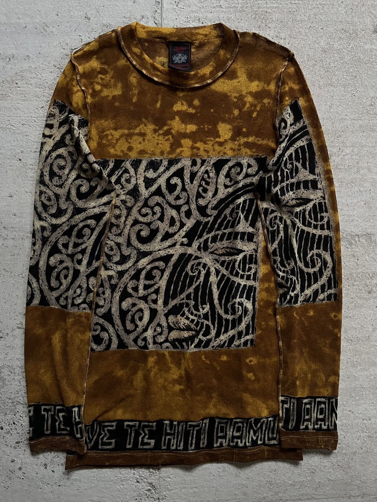 image of Vintage Ss96 Jean Paul Gaultier Tribal Mesh Slim Longsleeve in Yellow/Black, Men's (Size Medium)