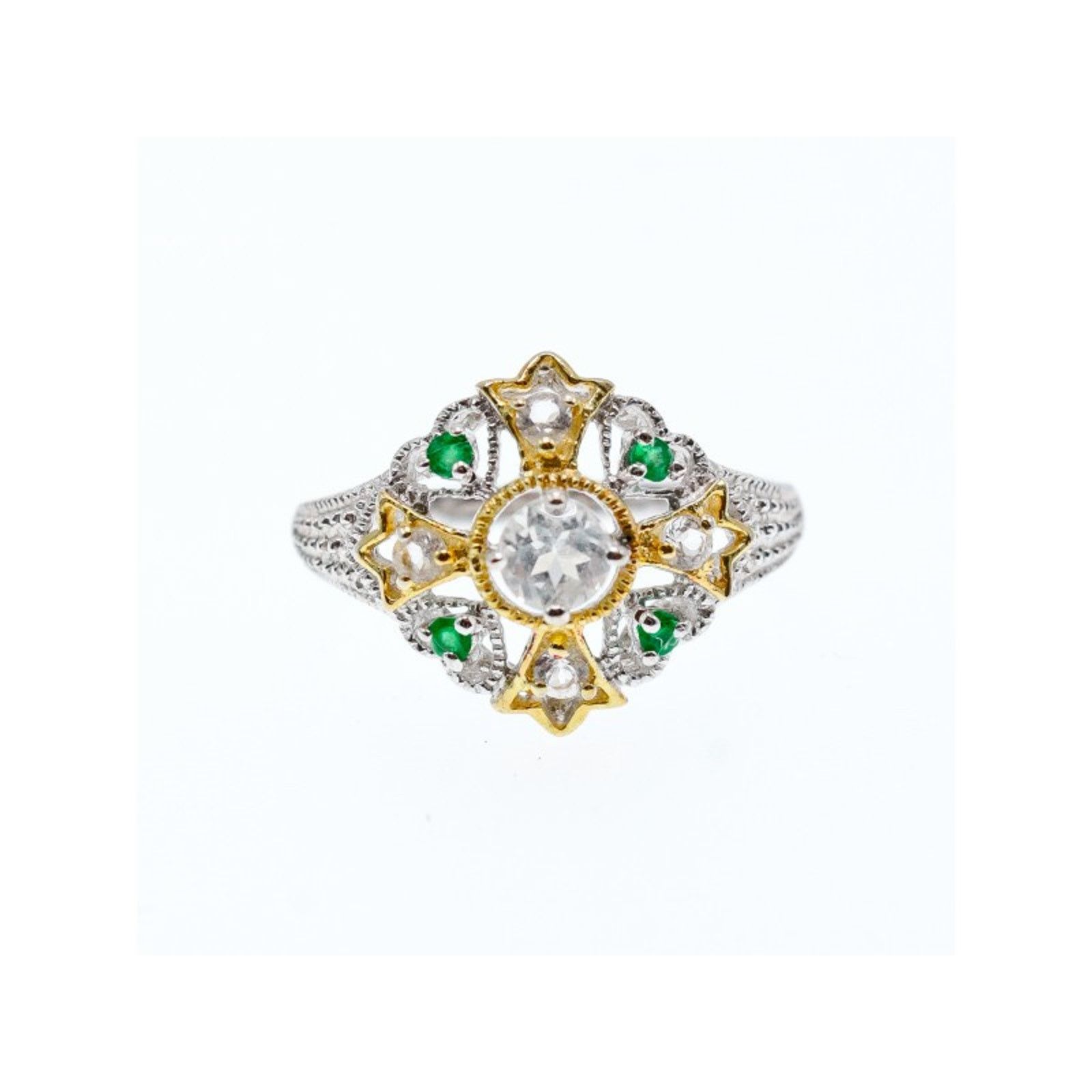 Jewelry 925 STERLING SILVER GOLD PLATED EMERALD & GOSHENITE RING Size ONE SIZE - 1 Thumbnail