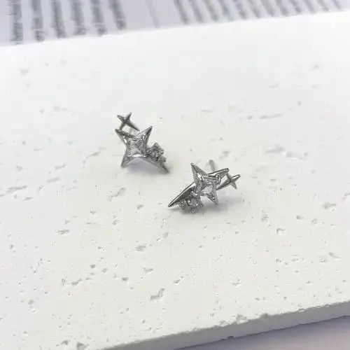 Sterling Silver 925 Silver Plated CZ Star Stud Earrings for Men Women Size ONE SIZE - 4 Thumbnail