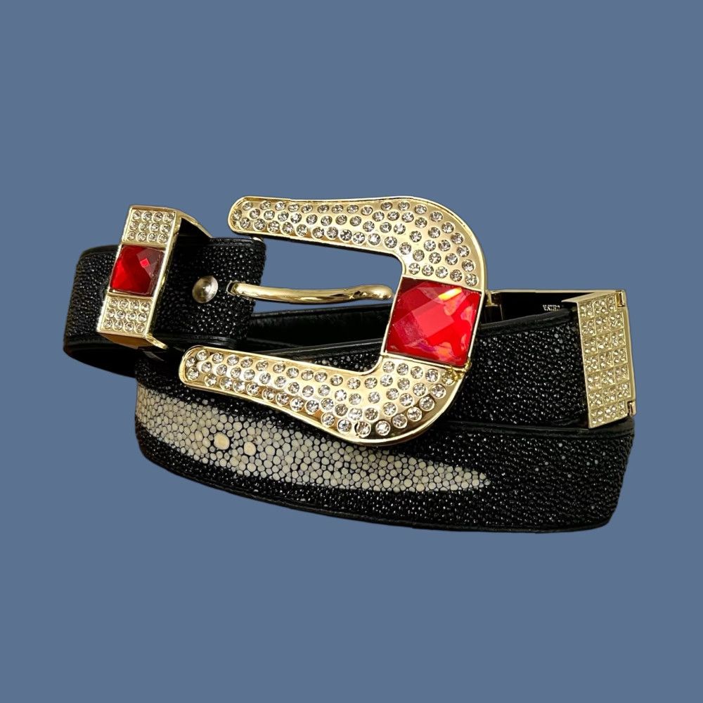 Vintage VINTAGE Los Altos Boots Belt Western Cowboy Stingray Buckle Rhinestone 36 Black Mens Buckle Bling 90s Size 36 - 1 Thumbnail