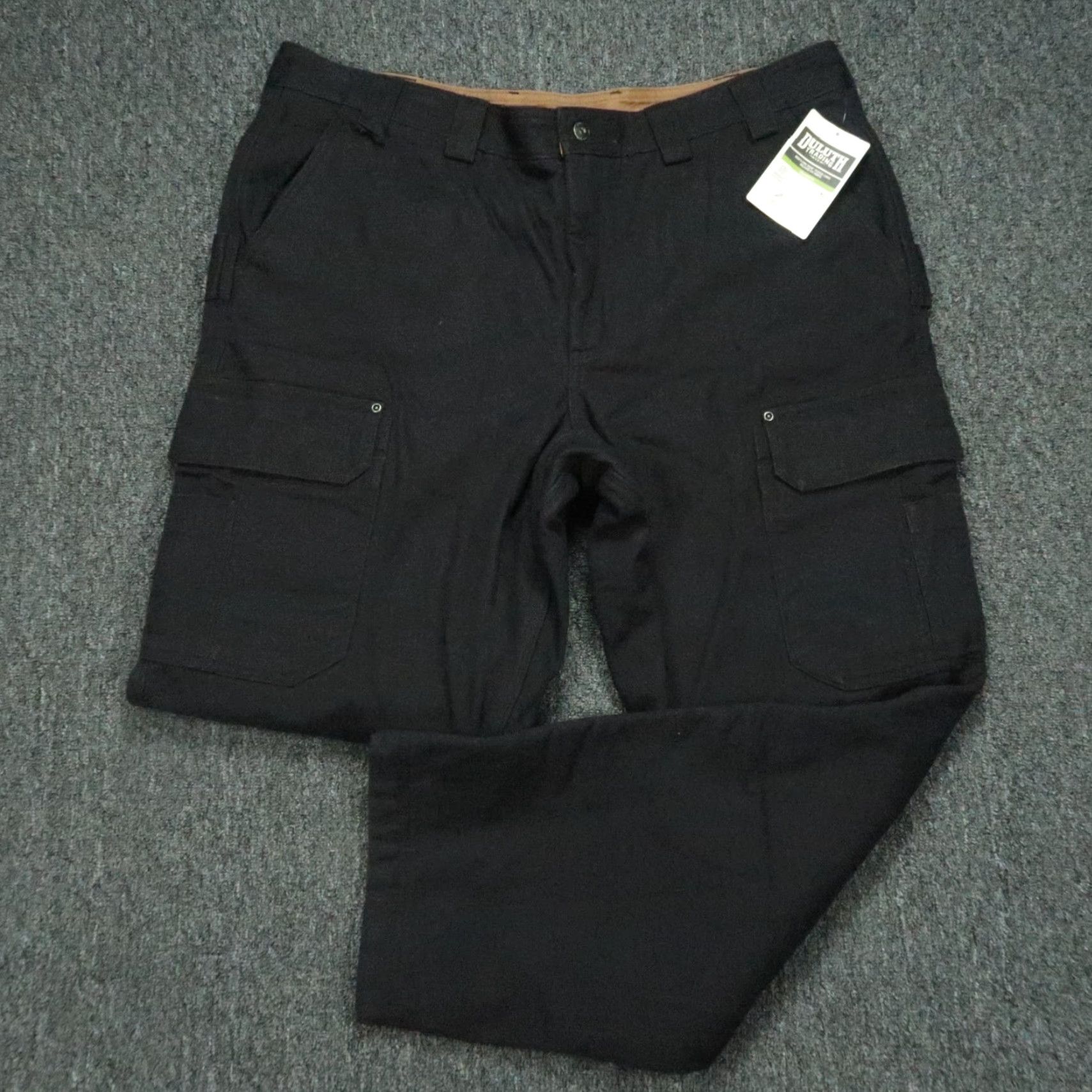 Duluth Trading Pants Men 42x32 Black Fire Hose Cargo Workwear NWT Denim Cotton Pockets Lined 42 in Inseam 32 in Regular Vintage: No Mens