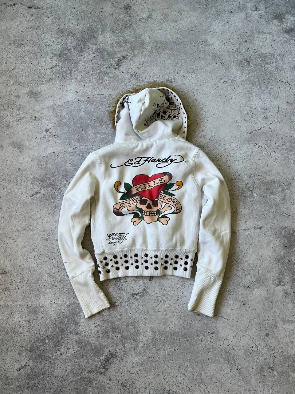 image of Archival Clothing x Avant Garde Vintage Ed Hardy Fur Big Logo Zip Hoodie in White (Size Small)