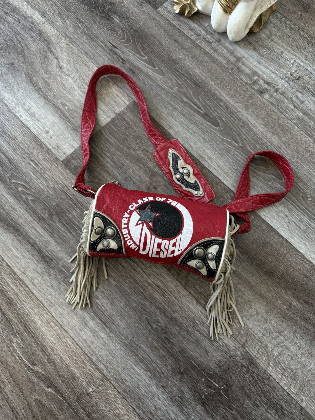 Ultra Rare Vintage Diesel Fringe Logo Bag Y2K Red Western