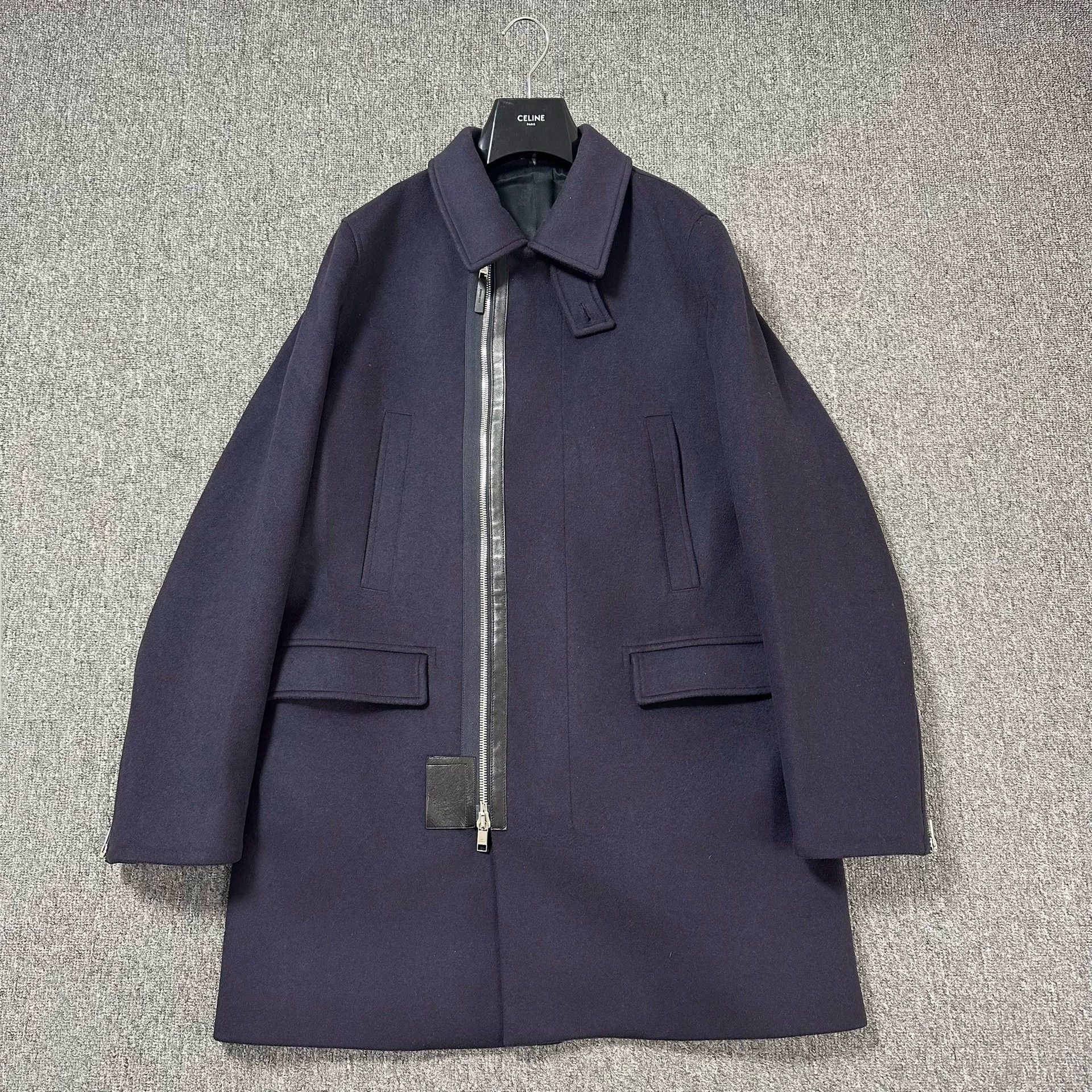 Dior Dior Navy Midlength Wool Coat Asym Zip Leather Trim Size US M / EU 48-50 / 2 - 1 Thumbnail
