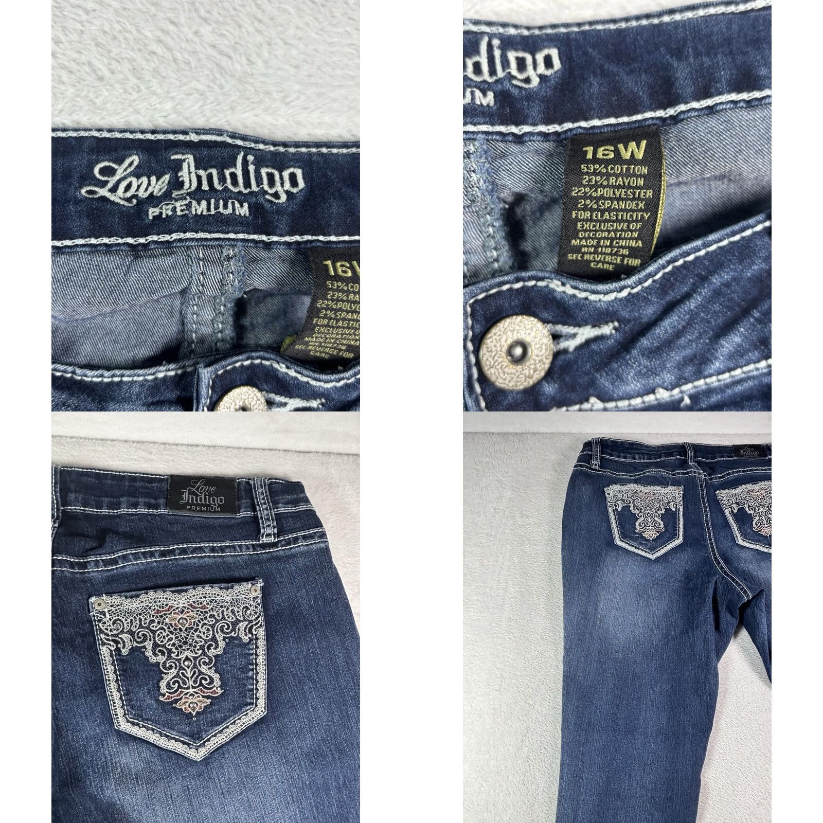 Vintage Love Indigo Premium Jeans Women's Jeans Cropped Dark Wash Embroidered Size 16W Mid Rise 5-Pocket Blue Denim Size 38" / US 16 / IT 52 - 8 Thumbnail