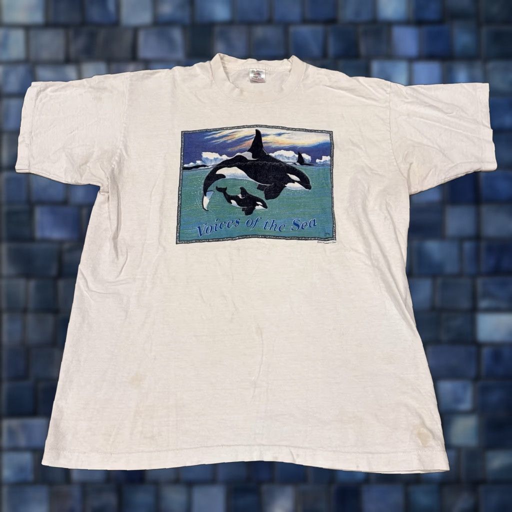 Fruit Of The Loom VINTAGE Voices of the Sea Shirt Mens XL White Orca Whale Graphic Ocean 90s ST AINS Size US XL / EU 56 / 4 - 1 Thumbnail