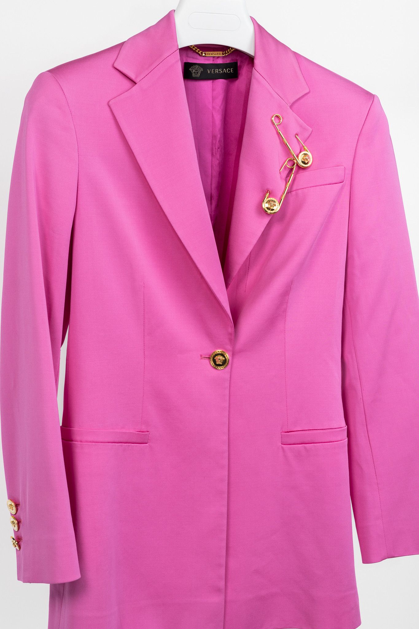 Versace Versace SS20 Fuchsia Satin Safety Pin Detail Blazer Size XS / US 0-2 / IT 36-38 - 3 Thumbnail