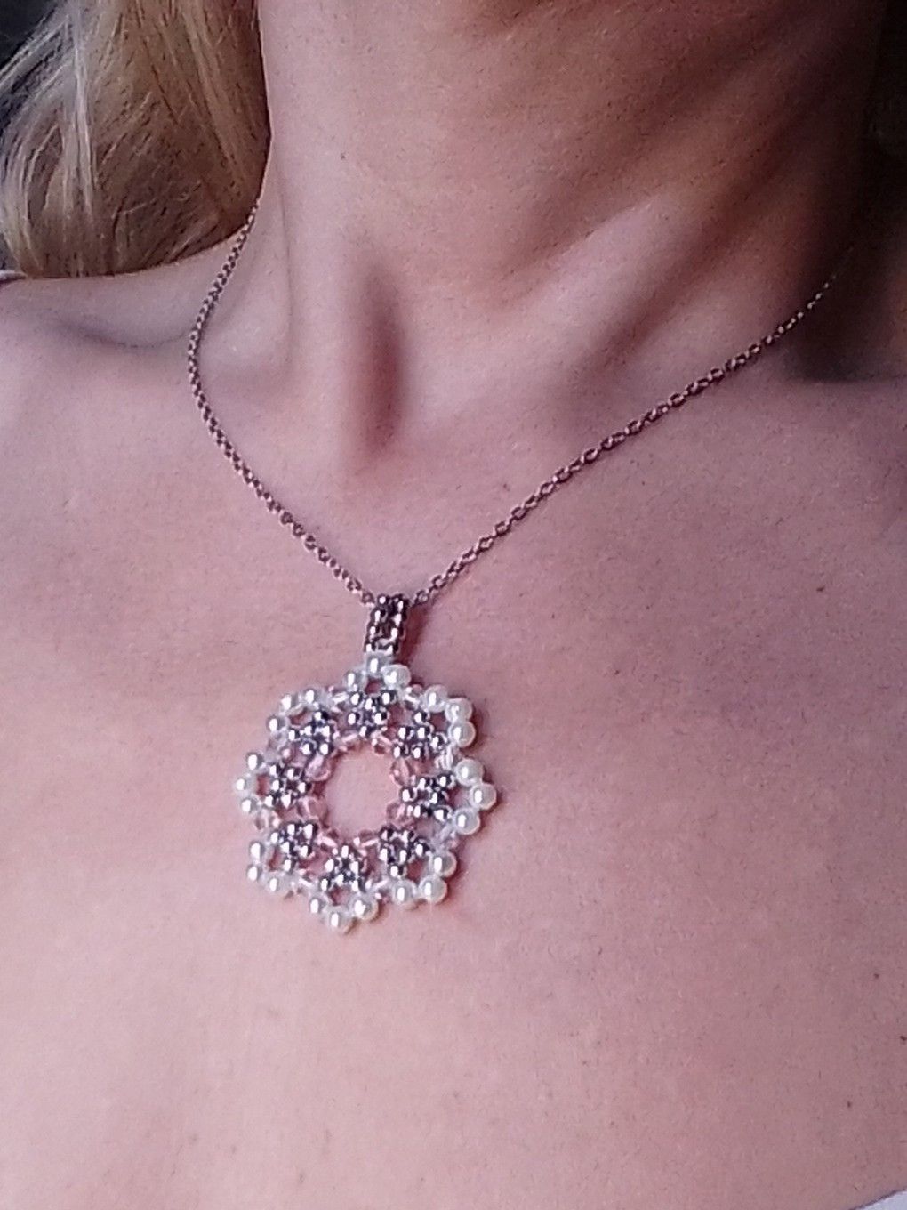 Handmade Necklace Beaded Flower Pendant Earrings Crystal Pearls Size ONE SIZE - 2 Thumbnail