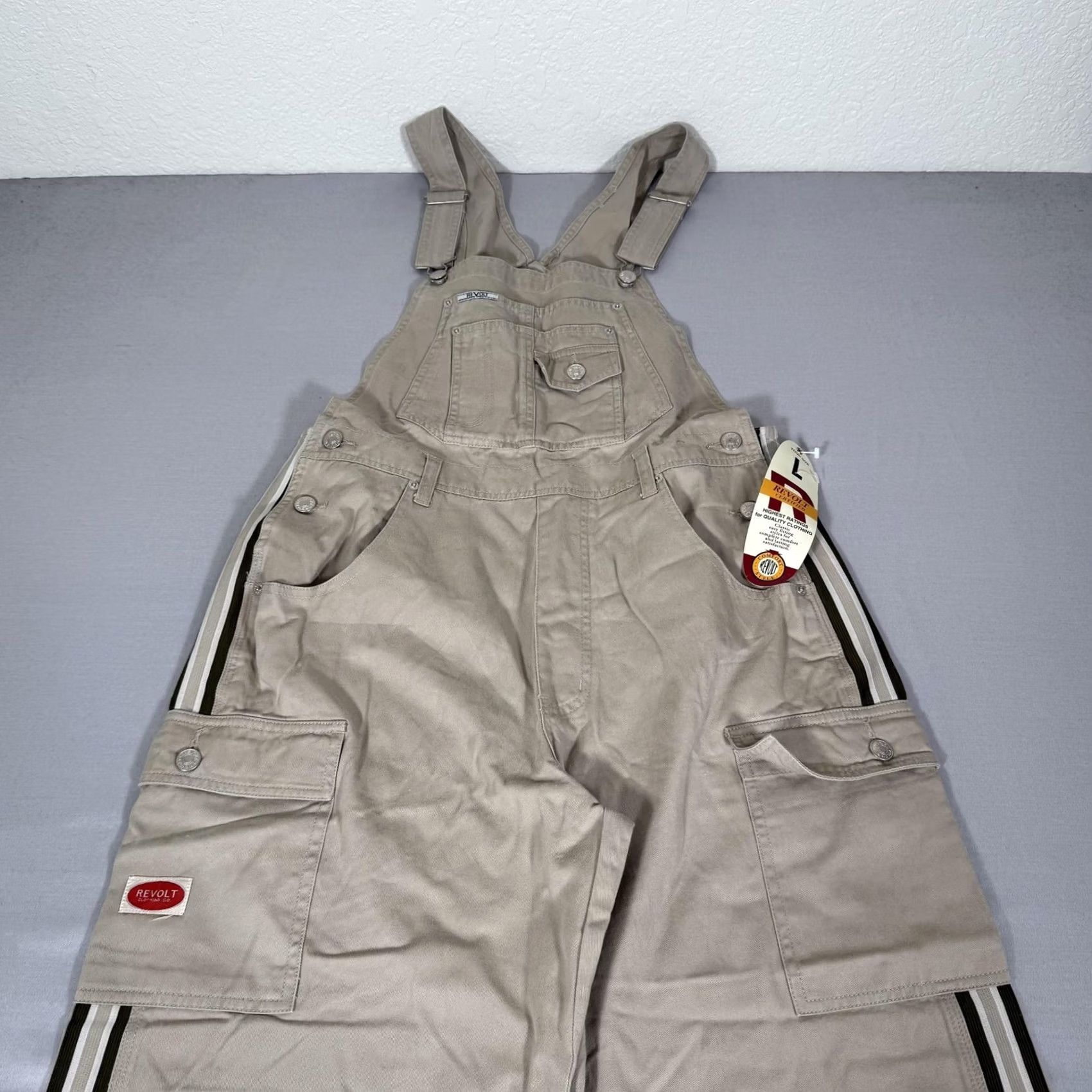 Vintage VINTAGE Revolt Overalls Womens L Khaki Twill Cargo Striped 90s Y2K Pants Jeans Shirt? Size 36" / US 14 / IT 50 - 2 Thumbnail
