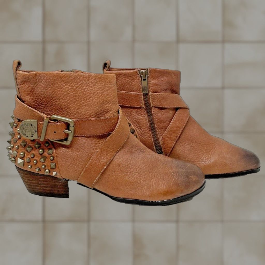 Vince Camuto Marcin Women's Ankle Boots sz 8 1/2 Cognac Brown Studded Spikes Leather Zip Vintage Boots Womens Shoes Brown 8.5