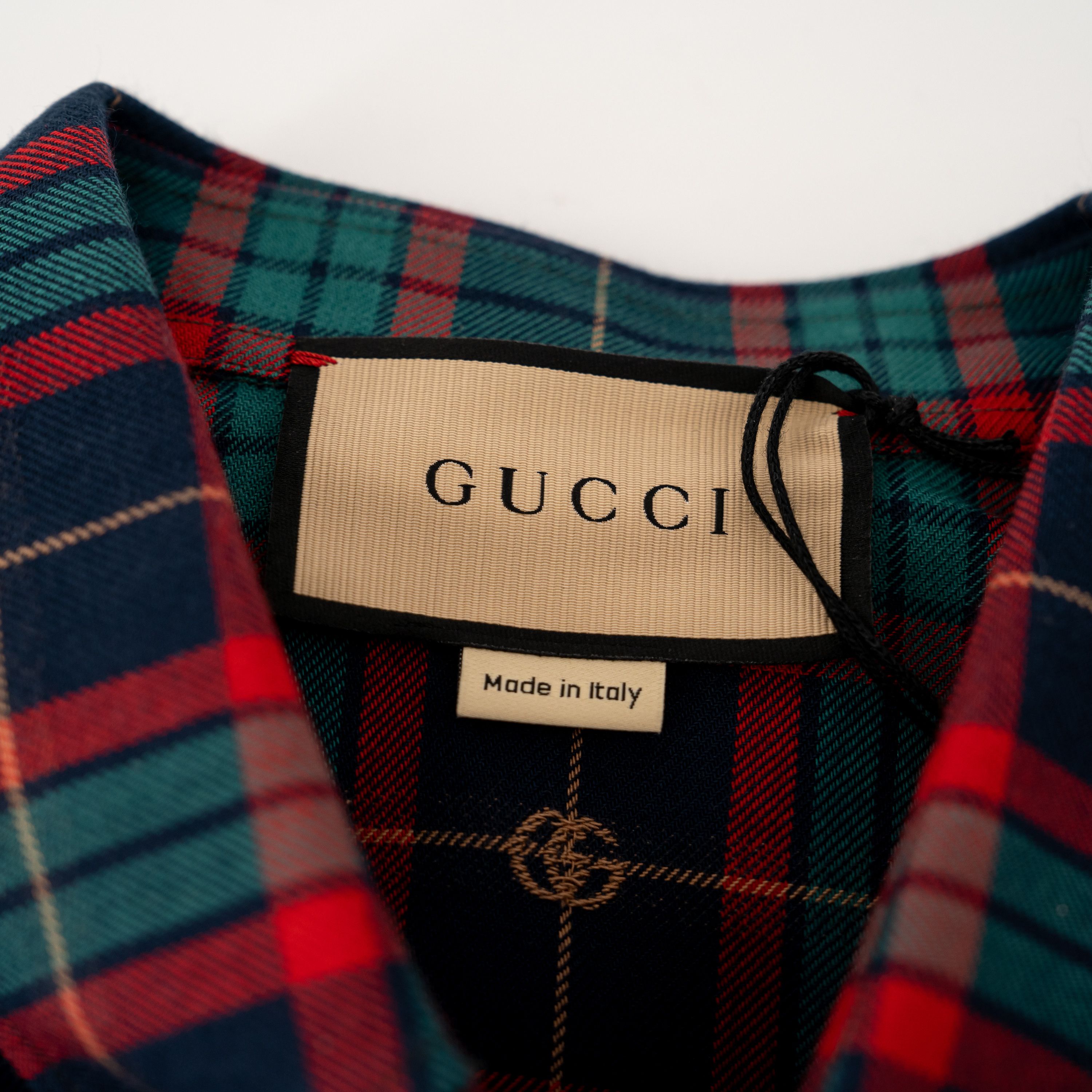 46 S Gucci Tartan GG Plaid Long Sleeve Shirt Green Blue