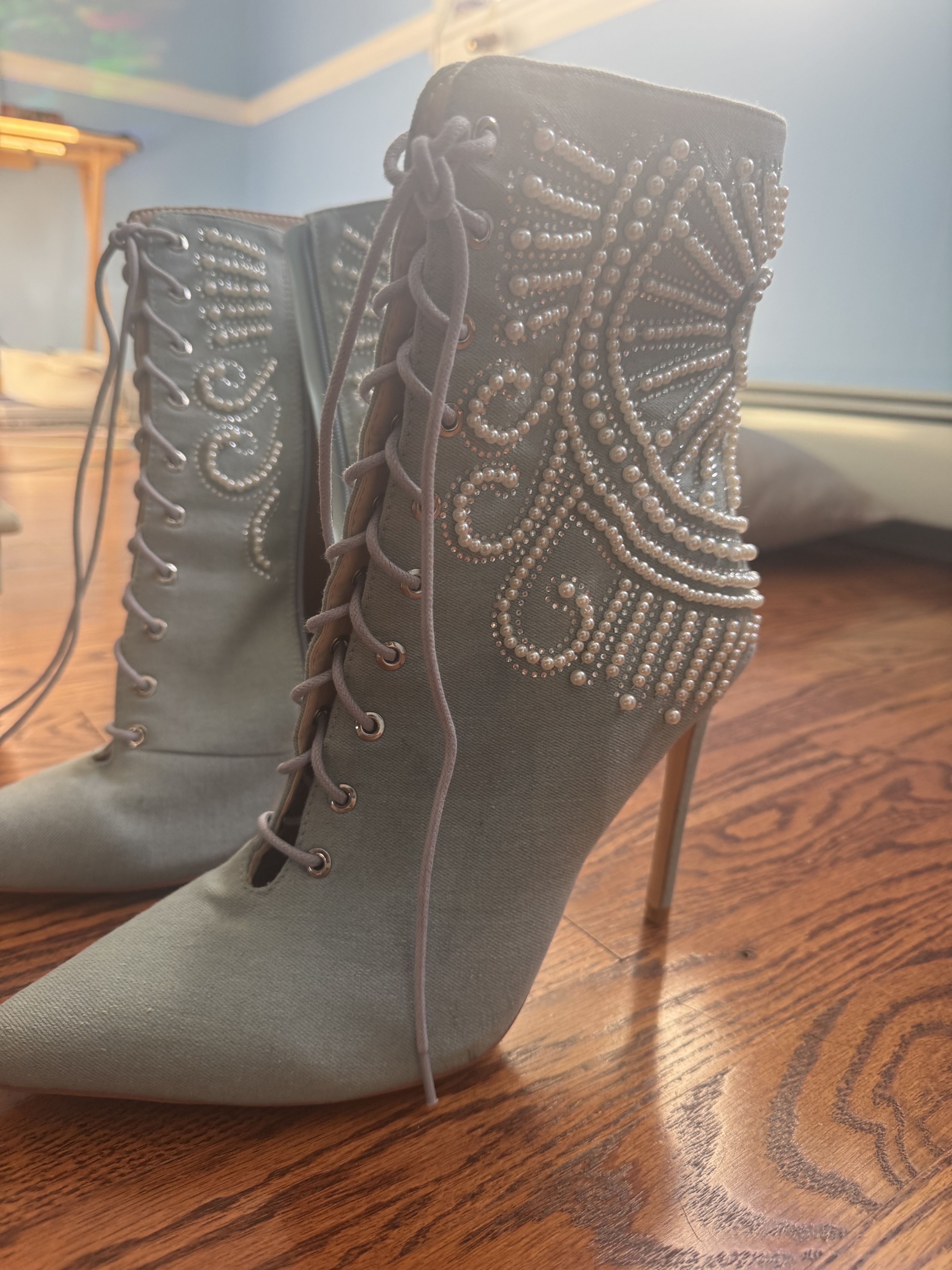 Azalea Wang Azalea Wang Denim + Pearl Stiletto Booties Size US 11 / IT 41 - 2 Thumbnail
