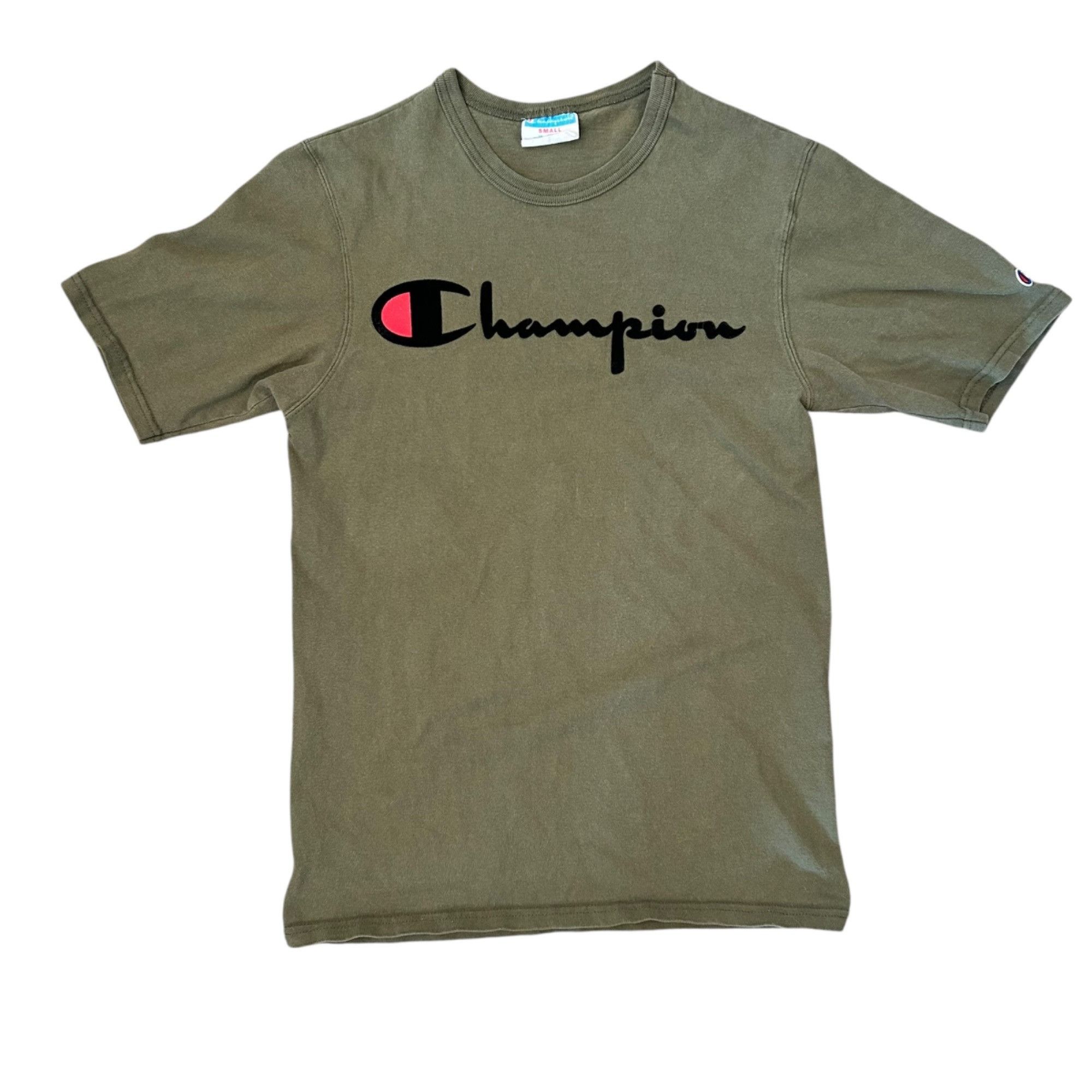 Champion Vintage Champion Olive Green Flocked Velvet Spellout Tee S Size US S / EU 44-46 / 1 - 1 Thumbnail