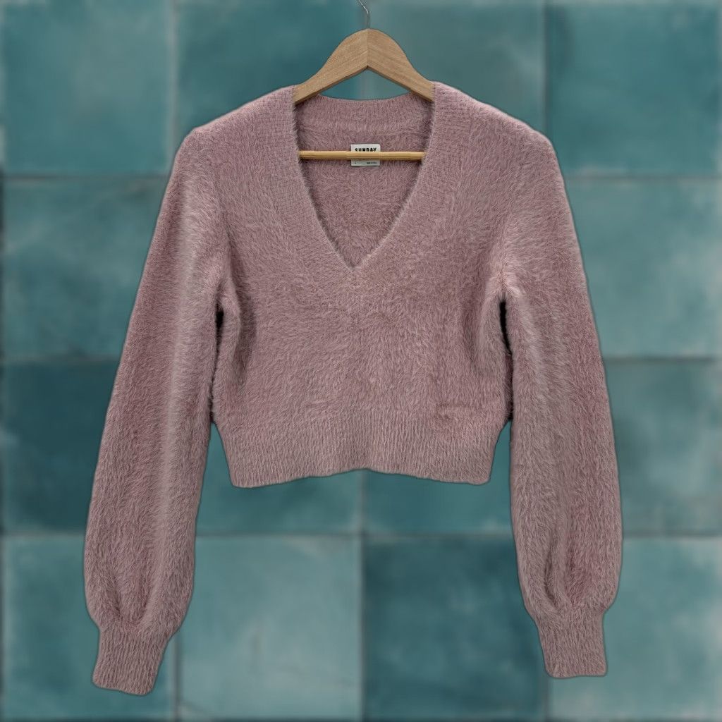 Vintage SUNDAY BEST Sweater Womens Small Pink Fuzzy Cropped Balloon Sleeve NWOT - V-Neck Knit Pullover Casual Winter Size S / US 4 / IT 40 - 1 Thumbnail