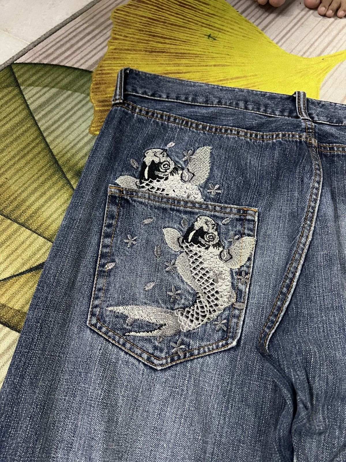 Japanese Brand Karakuri Tamashi Style Koi Fish Embroidery Mud Wash Jean Size US 35 - 17 Thumbnail