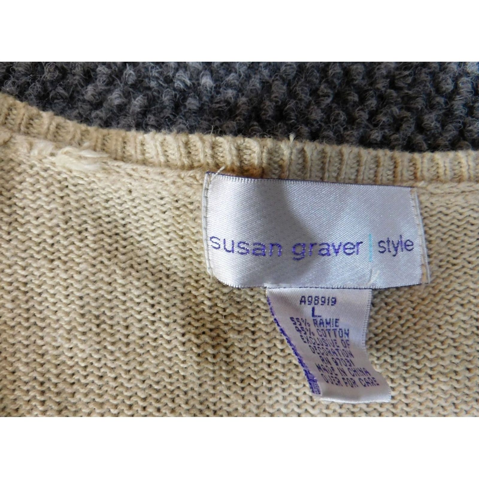 Vintage Susan Graver Cardigan Sweater Womens L Beige Cotton Ramie Knit Button Pullover Round Neck Short Raglan Sleeve Tight-Knit Regular Size L / US 10 / IT 46 - 5 Thumbnail