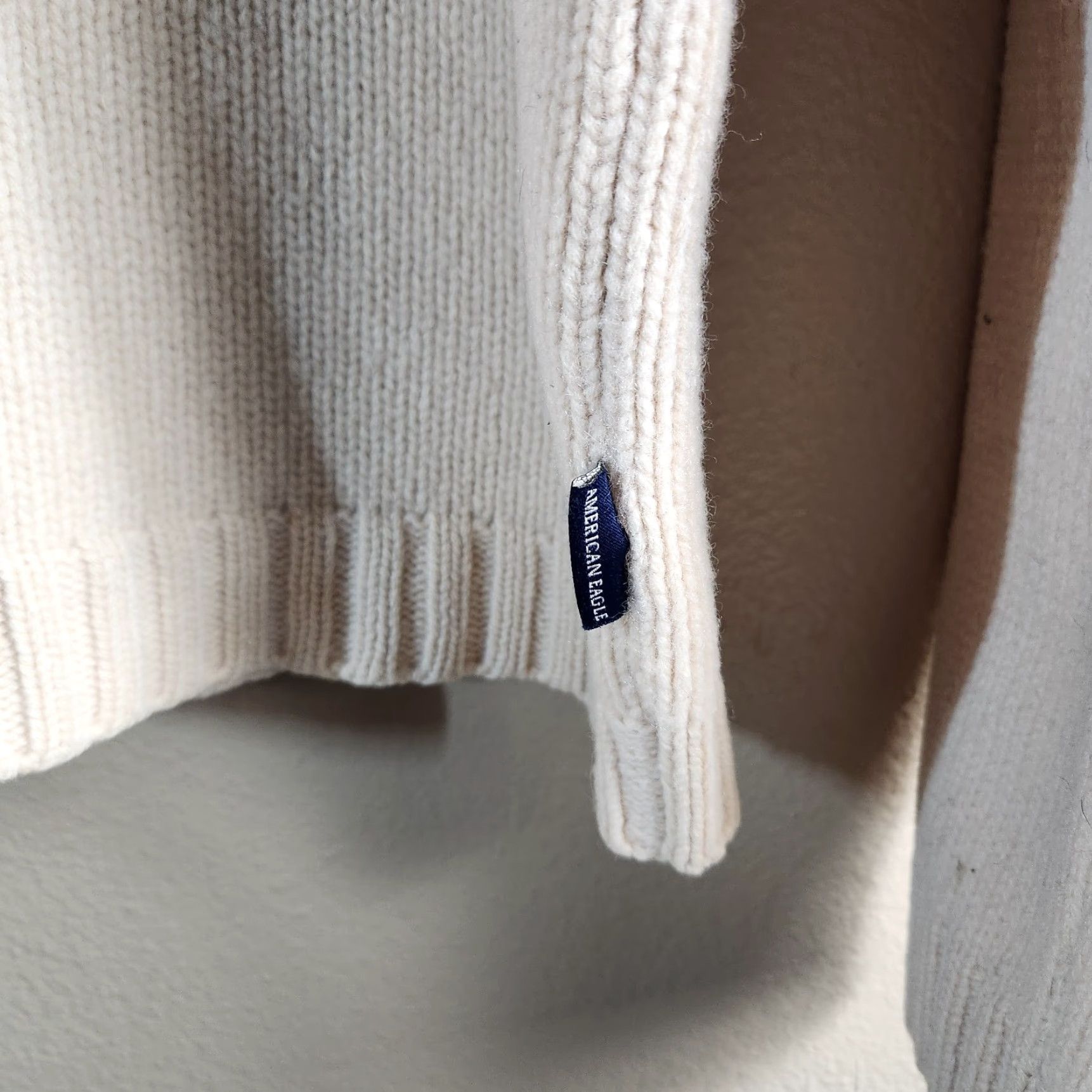 American Eagle Outfitters VINTAGE American Eagle Outfitters Sweater | Pullover Knit Crewneck | Women L | Beige/Navy Lambswool | Striped Chunky-Knit | Casual Fall/Winter Women Size L / US 10 / IT 46 - 2 Thumbnail