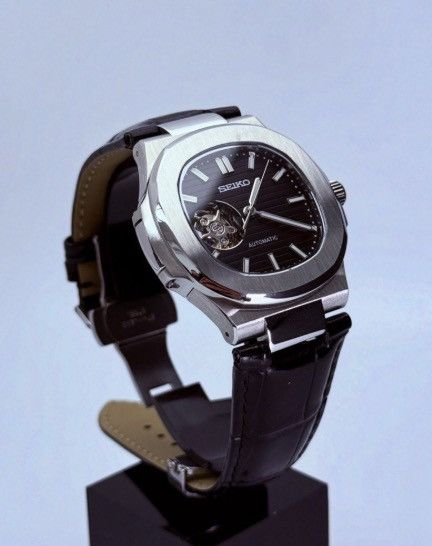 Japanese Brand Seiko Mod Nautilus Black Open Dial Steel Watch Leather 41mm Size ONE SIZE - 2 Thumbnail