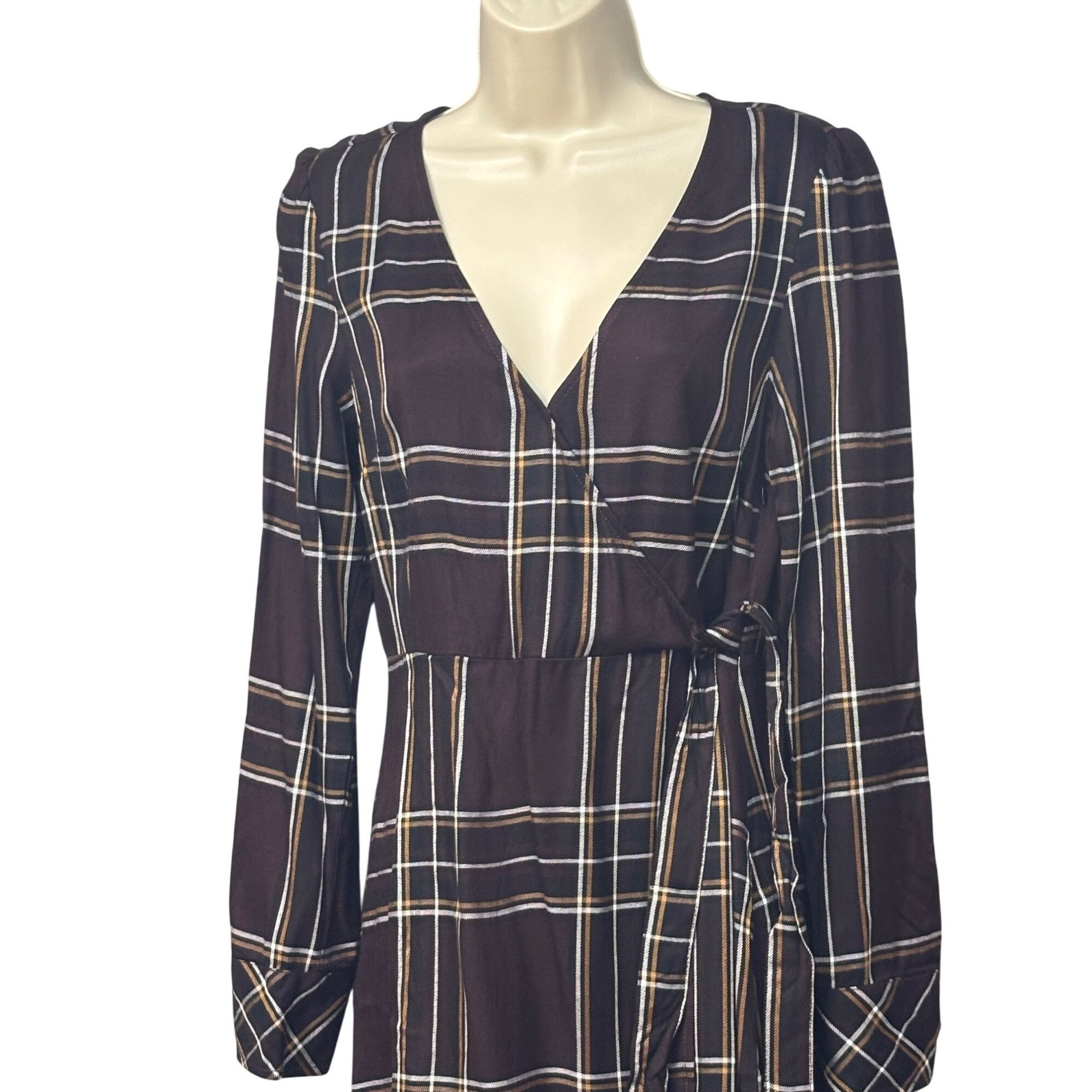 Sanctuary SANCTUARY Upbeat Faux-Wrap Long Sleeved Plaid Dress, Brown, Size M / US 6-8 / IT 42-44 - 4 Thumbnail
