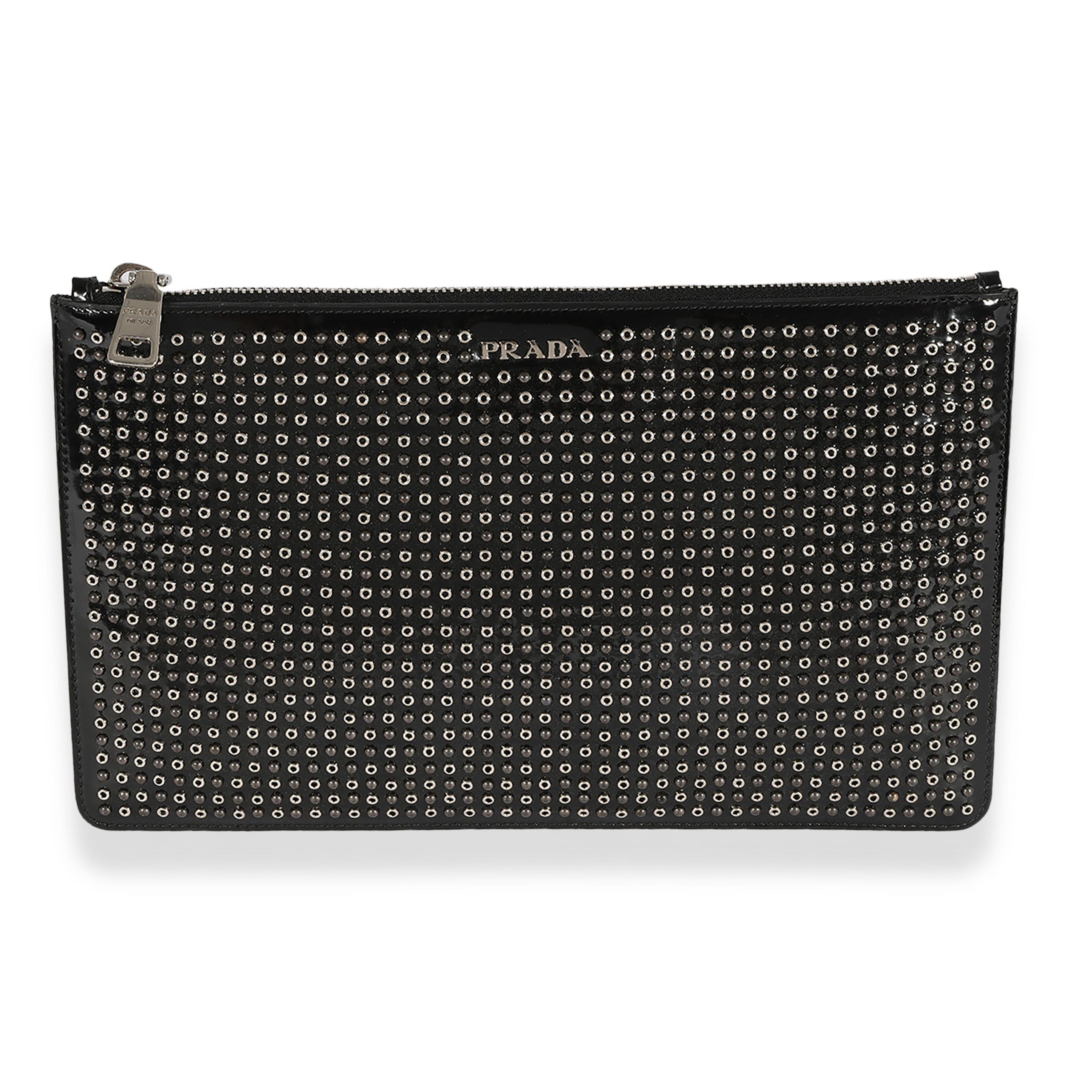 image of Prada Black Patent Leather Grommet Zip Case, Women's