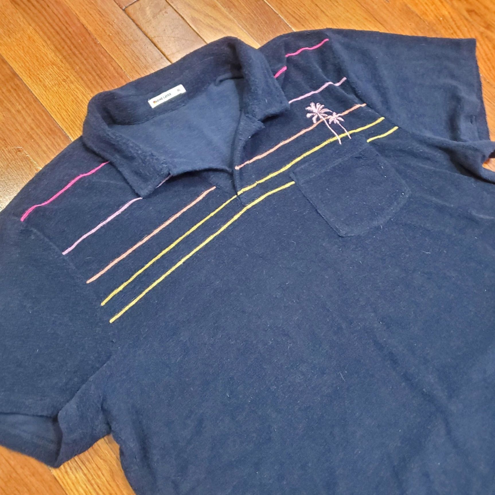 Marine Layer Marine Layer Polo Shirt Mens XL Blue Terry Striped Palm Tree Pocket Tropical Size US XL / EU 56 / 4 - 2 Thumbnail