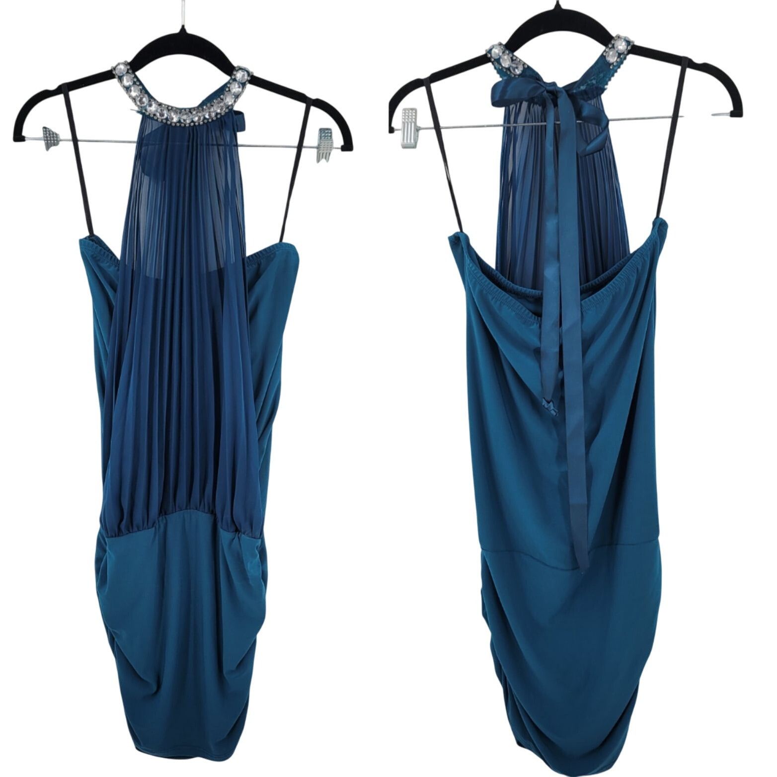 Vintage Vtg Sexy Shear Mini Party Dress Sz M Teal Jeweled Pleated Ha Size M / US 6-8 / IT 42-44 - 1 Thumbnail