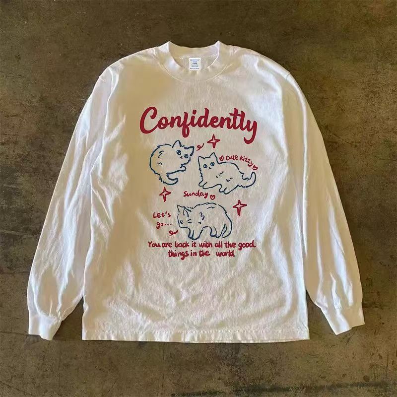 Vintage White street casual retro cat print long-sleeved t-shirt Size US M / EU 48-50 / 2 - 1 Thumbnail