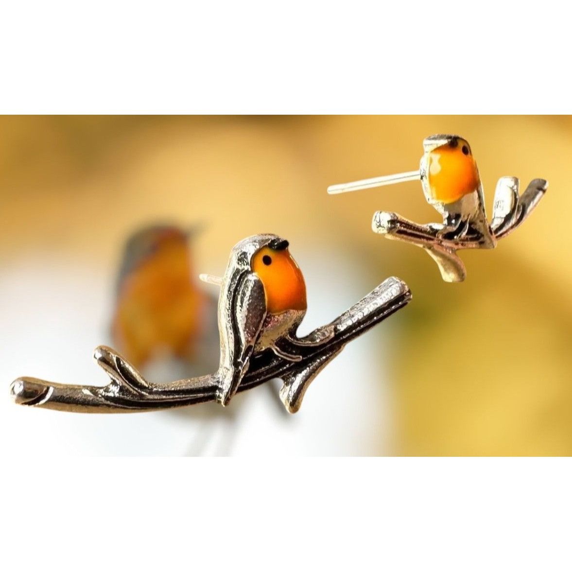 Handmade Robin Bird Earrings Ear Climbers New Orange Silver Tree Bran Size ONE SIZE - 2 Thumbnail