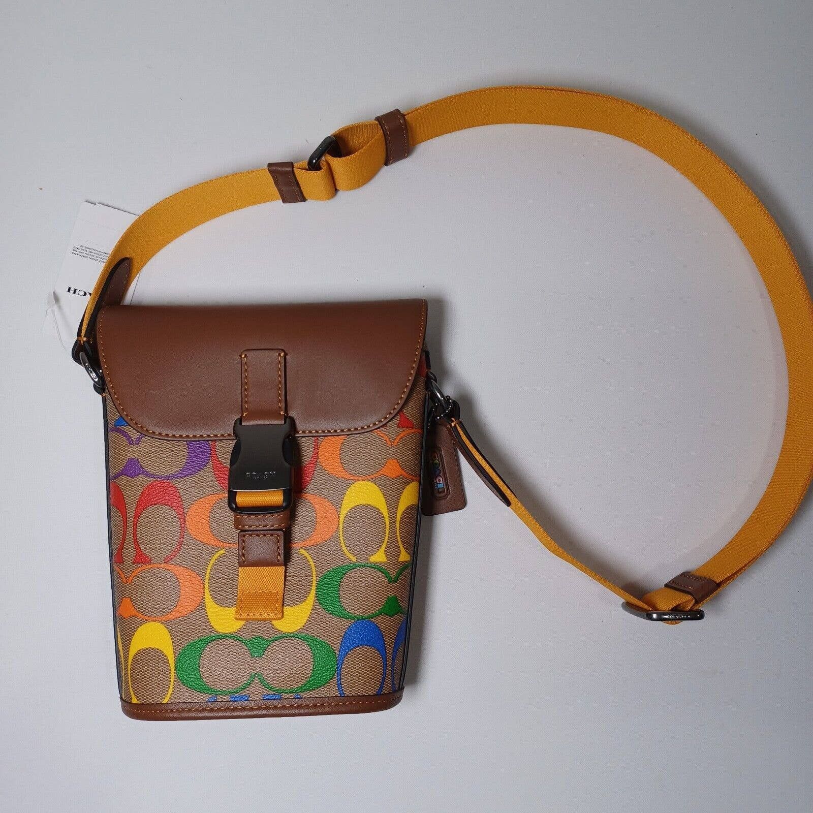 image of Coach C9851 Pride Track Small Flap Crossbody Rainbow Canvas in Brown, Women's