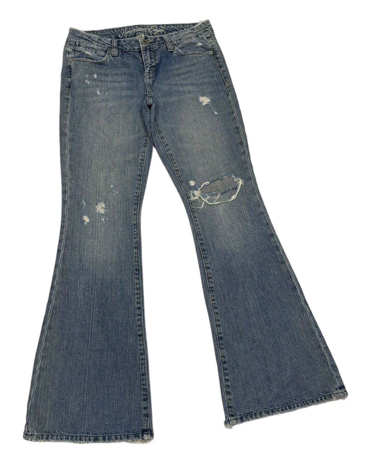 If Six Was Nine REAL FLARE JEANS DISTRESSED DENIM AMERICAN EAGLE JEANS Size 29" - 2 Thumbnail