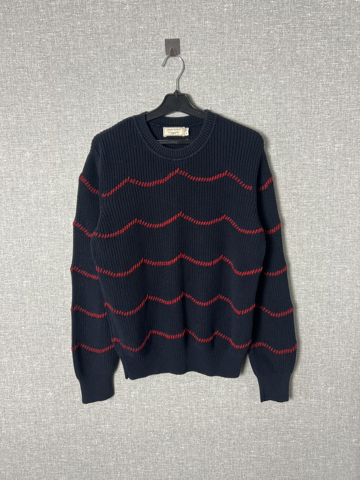 Maison Kitsune Maison Kitsune Crew Navy Sweater Red Wave Hand Embroidered Size M / US 6-8 / IT 42-44 - 1 Thumbnail