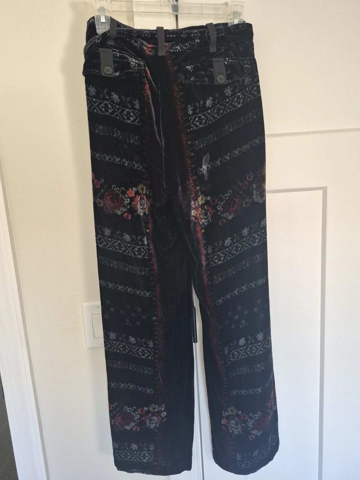 Johnny Was Pants Feza Velvet Black Abstract Belted Boho Party Travel Size 30" / US 8 / IT 44 - 5 Thumbnail