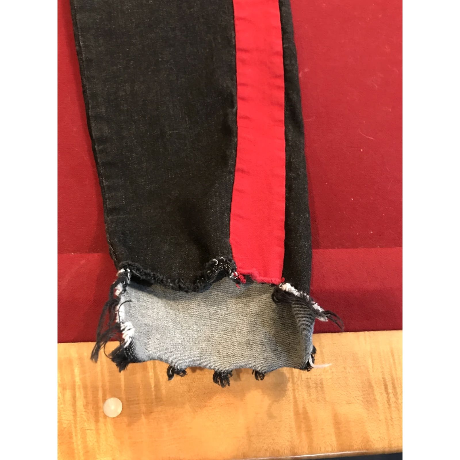 Denime VINTAGE? No. Black PANTS Red Side Leg STRIPES Tuxedo Denim Skimmer Frayed Cuff Gothic Punk XL Size 40" / US 18 - 7 Thumbnail