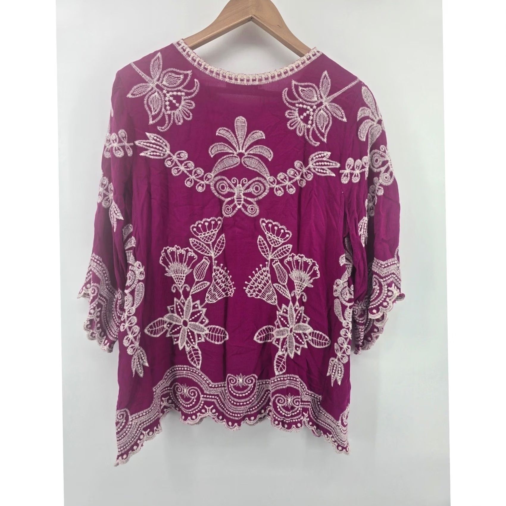 Vintage Solitaire Embroidered Boho Blouse Womens Magenta Purple 3/4 Sleeve Top Size M / US 6-8 / IT 42-44 - 3 Thumbnail