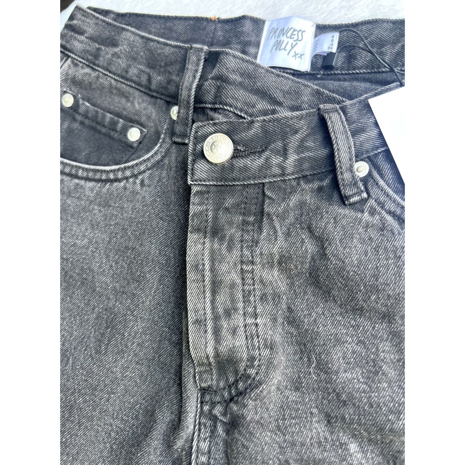 PRINCESS POLLY NWT Princess Polly Women's Black Asymmetrical Jeans Size 4 Straight Denim 29.5in Inseam Pockets Dark Wash Button Rise Mid Black - Womens Size 27" / US 4 / IT 40 - 6 Thumbnail