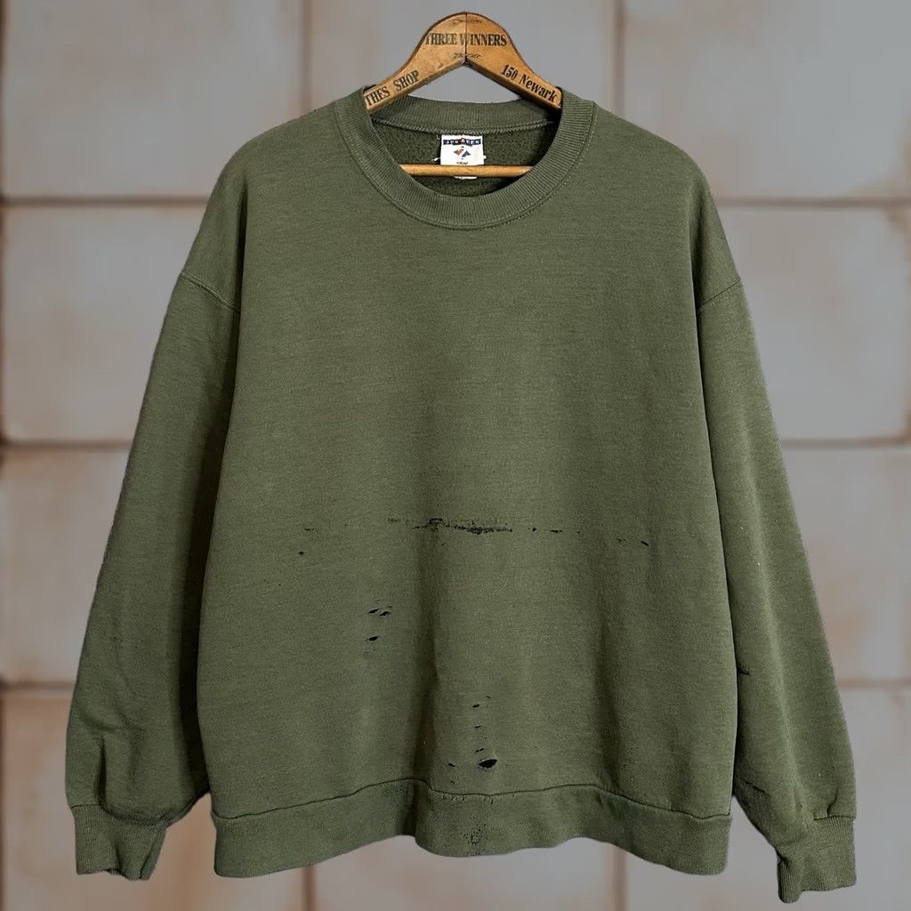 Jerzees VINTAGE Jerzees Sweatshirt Crew Neck Long Sleeve Pullover Distressed Olive Green 50/50 Large L Men Grunge 90s USA Size US L / EU 52-54 / 3 - 1 Thumbnail
