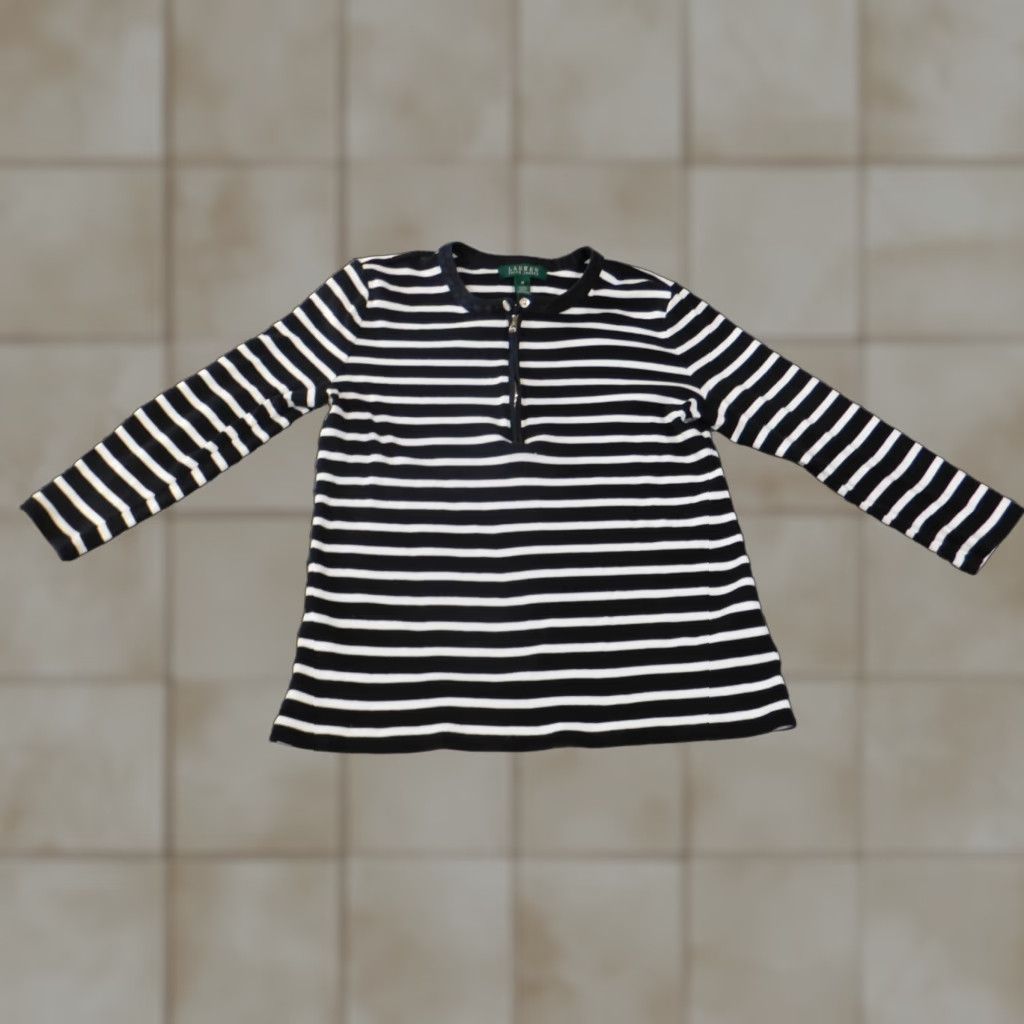 Ralph Lauren Lauren Ralph Lauren Blouse Shirt Knit Cotton Zip Long Sleeve Black Striped M Womens Regular Modern Basic Casual Size M / US 6-8 / IT 42-44 - 1 Thumbnail