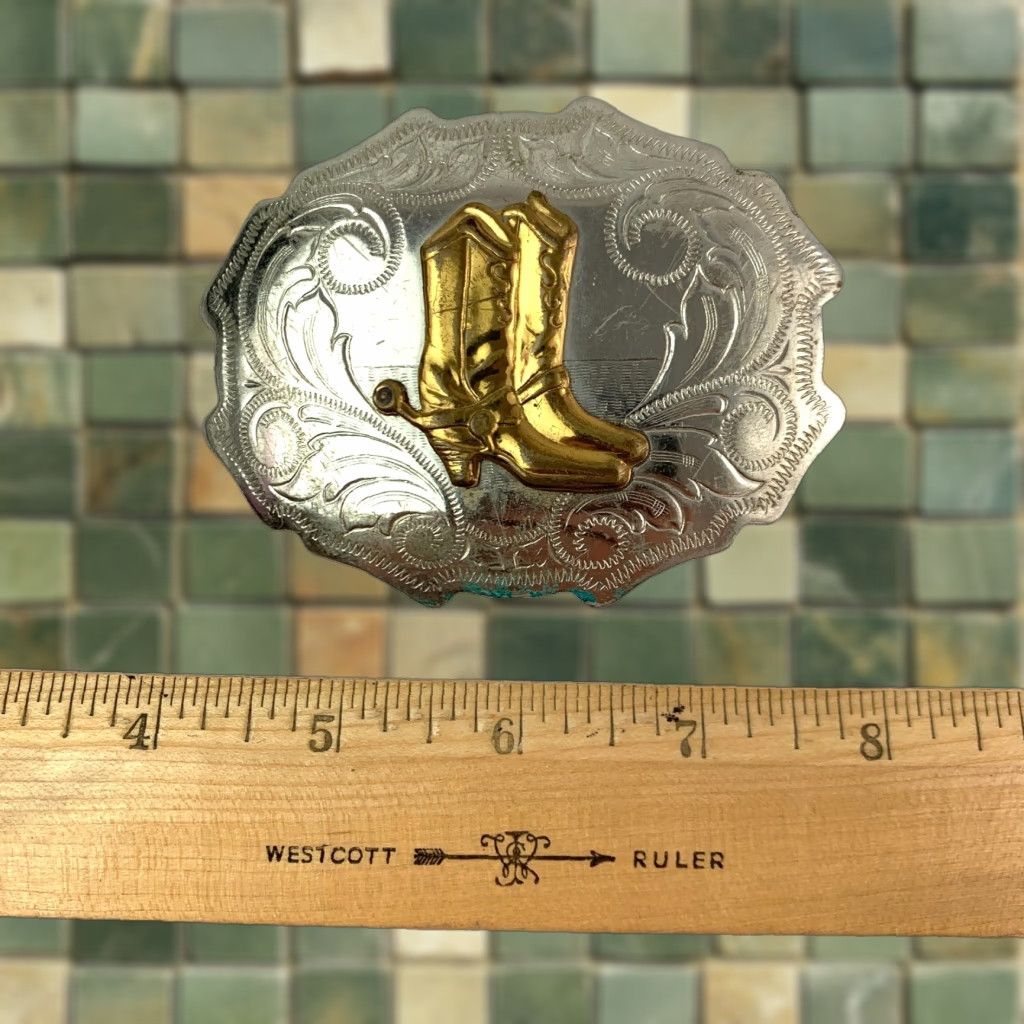 Vintage VINTAGE Nickel Silver Two Tone Boots Etched Metal Belt Buckle Belt Buckle Mens Western Buckle, Metal, Etched, Vintage, Unbranded, Size Unknown Size ONE SIZE - 1 Thumbnail