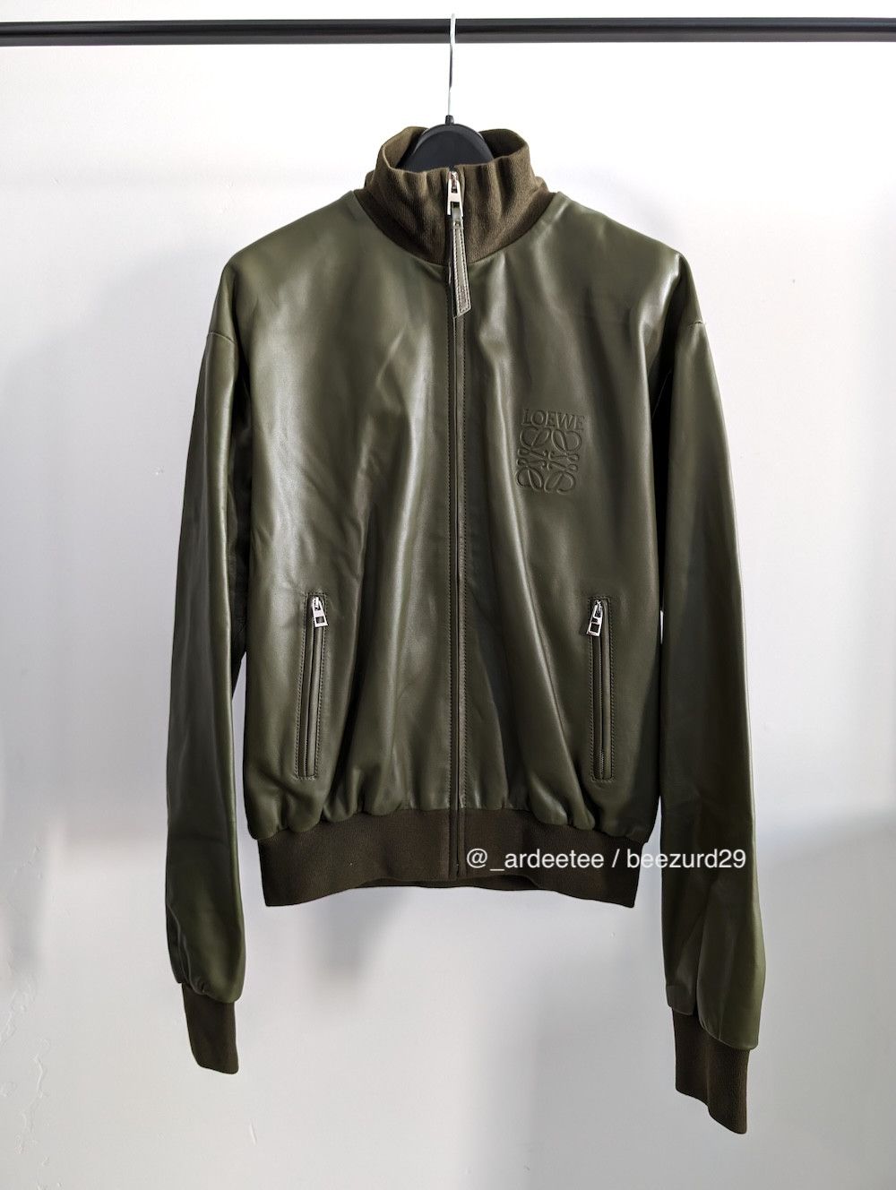 image of Loewe New Lamb Leather Anagram Bomber Jacket $4,700 in Olive Green, Women's (Size XS)