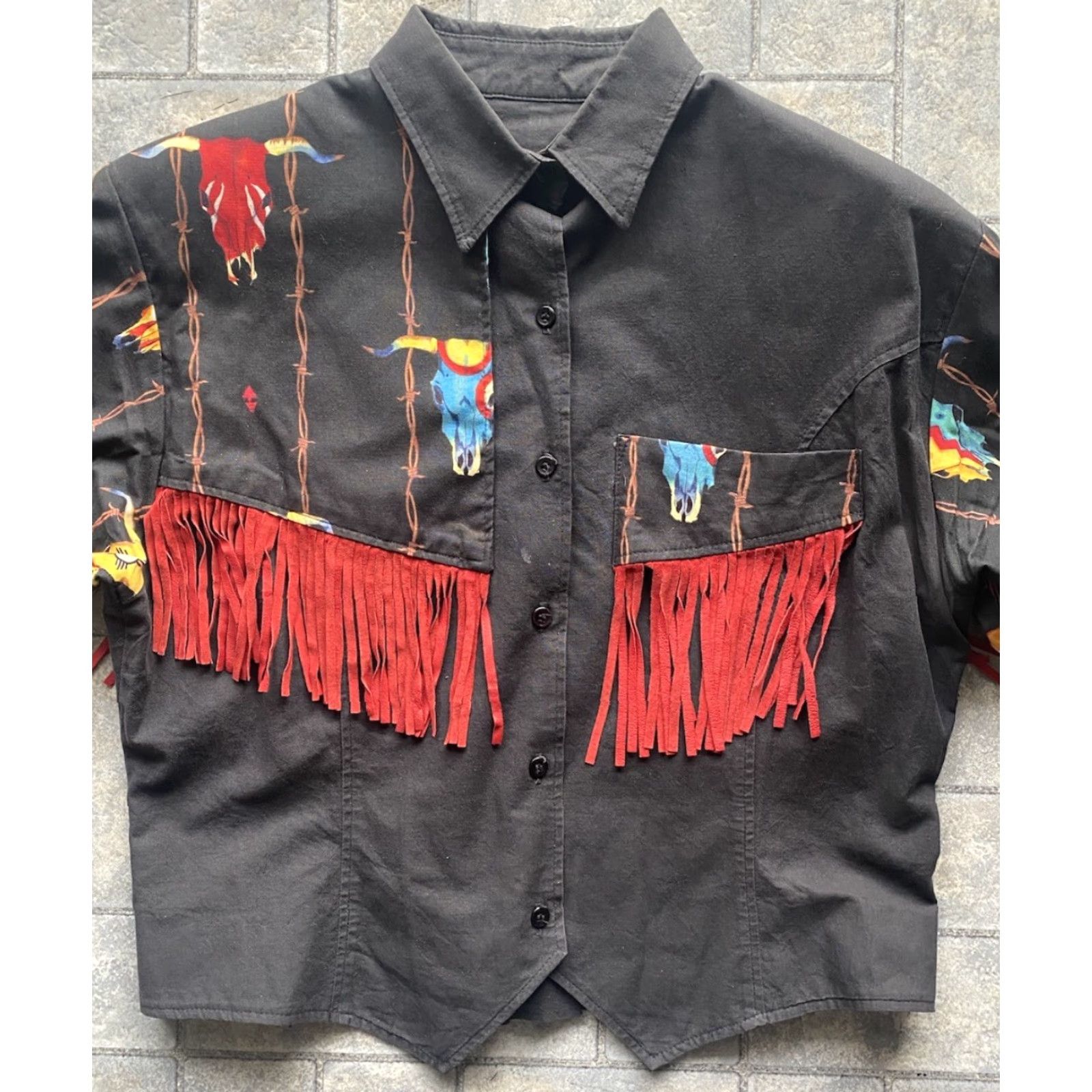Vintage VINTAGE Longhorn By Niver Western Wear WOMENS MED Shirt Jacket Black/Red Fringe M Size M / US 6-8 / IT 42-44 - 2 Thumbnail