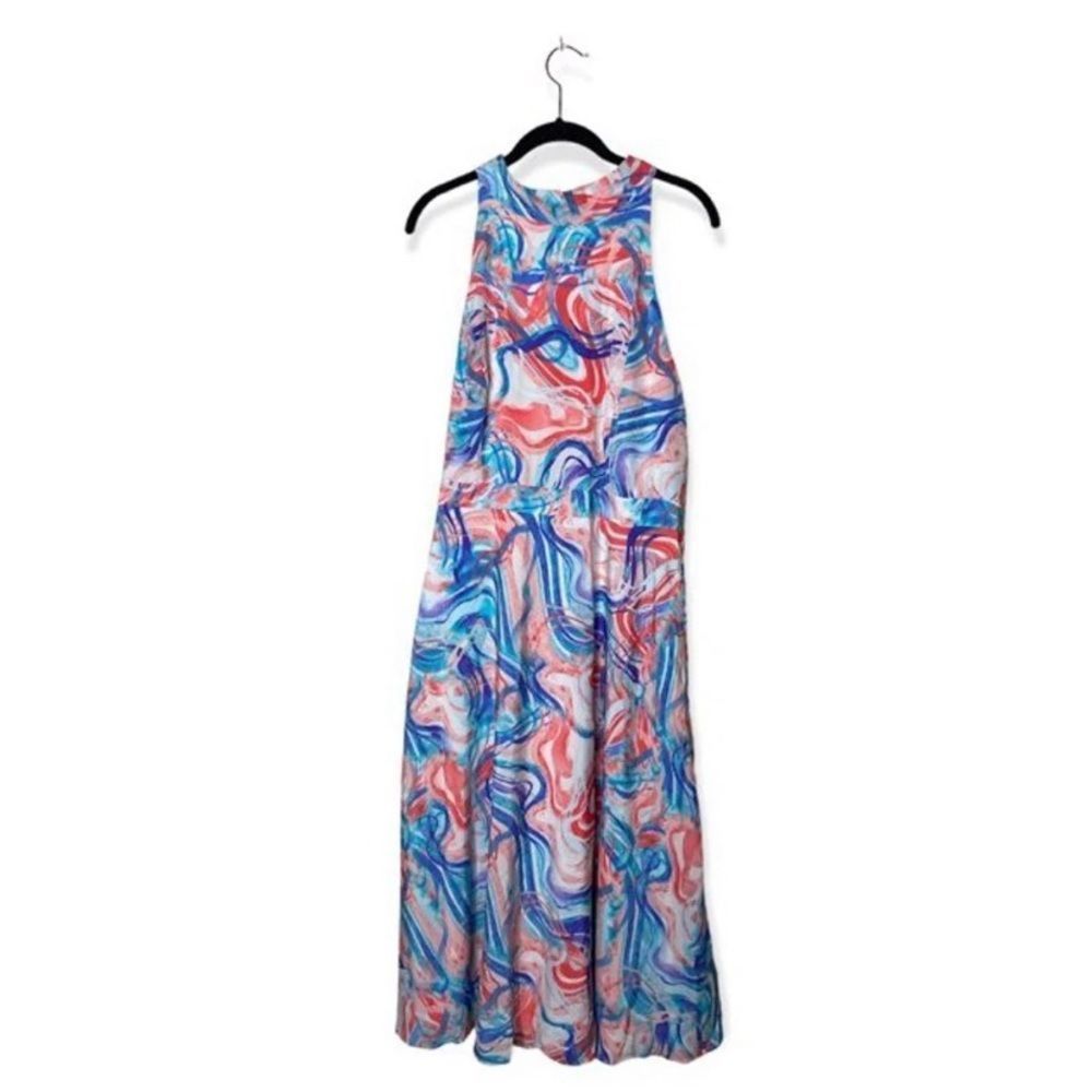 image of Elie Tahari Tahari Size 14 Abstract Watercolor Maxi Dress in Blue, Women's