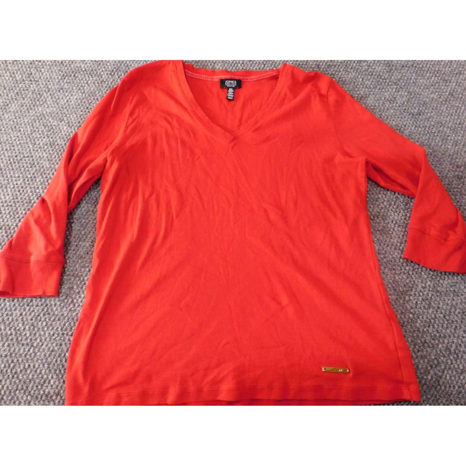 Jones New York Jones New York Womens Sweater XL Red V-Neck Pullover Raglan Sleeve Open-Knit 100% Cotton Logo Modern Regular Women Small Details: Floral Accent Size XL / US 12-14 / IT 48-50 - 2 Thumbnail