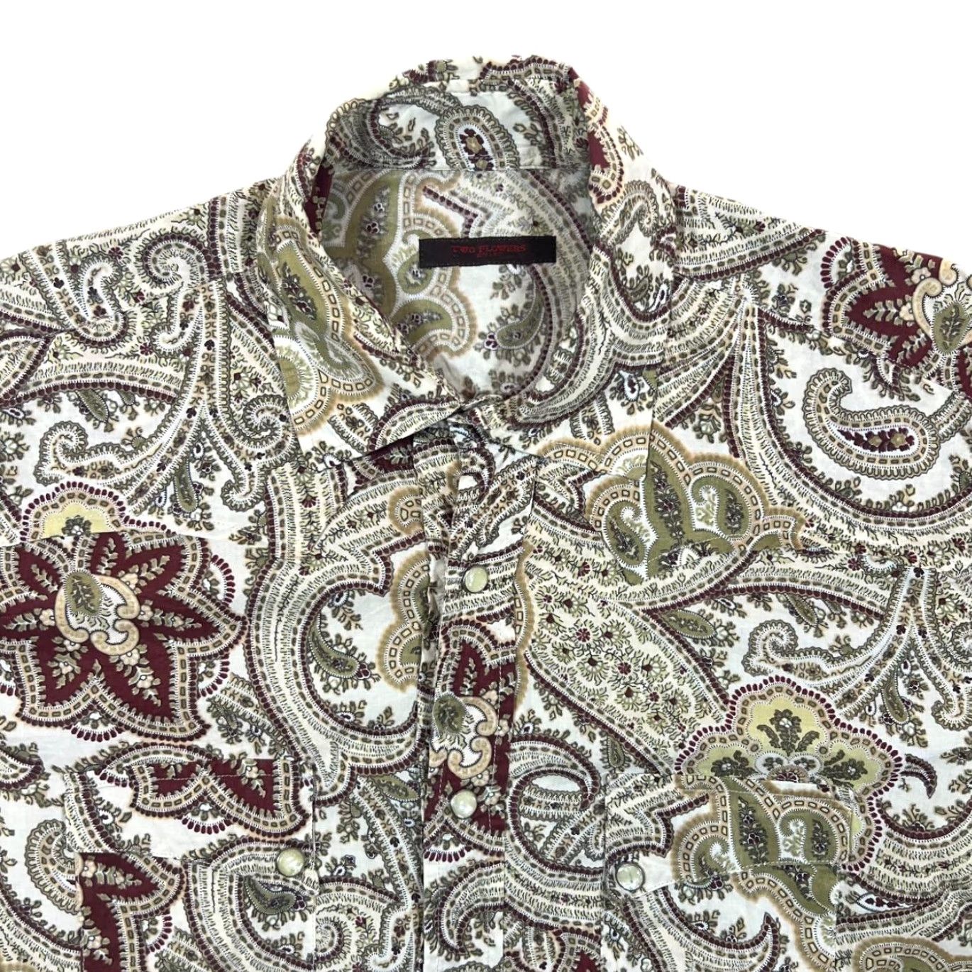 Vintage Two Flowers Paisley Patterned Western Style Popper Long Sleeve Shirt M Mens CREAM Beige/White/Burgundy 100% cotton Western 90s Size US M / EU 48-50 / 2 - 2 Thumbnail