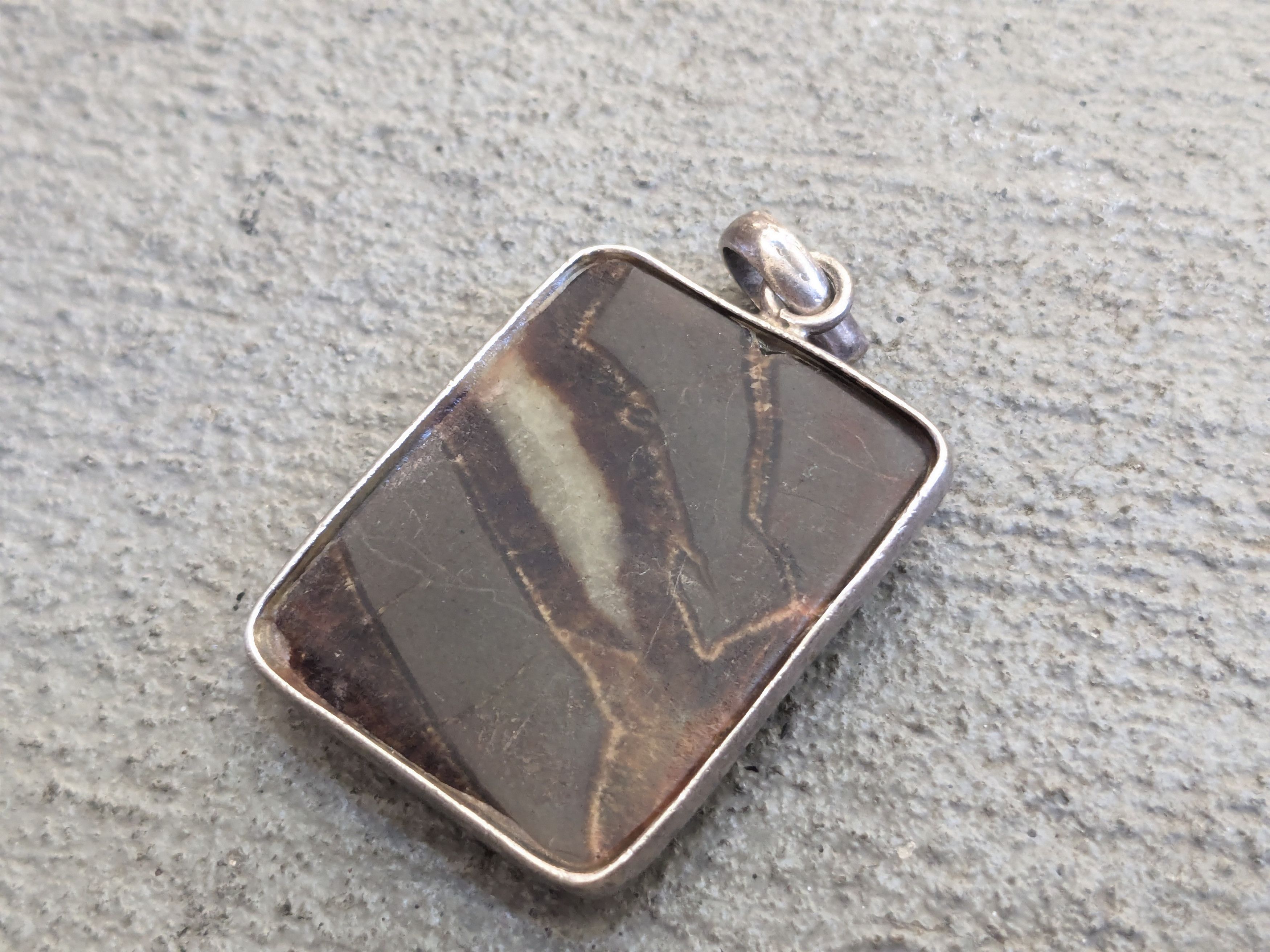 Jewelry Vintage Sterling Silver Pendant Brown Agate Square Size ONE SIZE - 6 Thumbnail